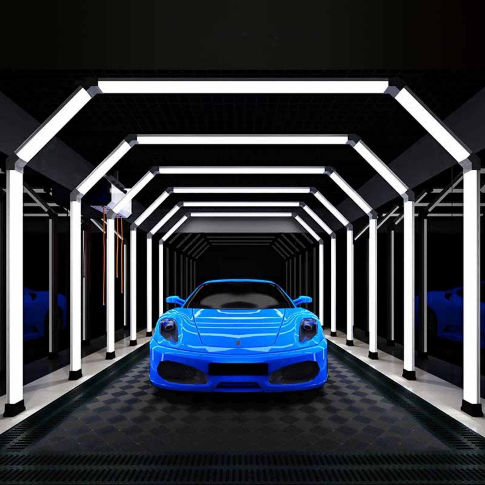 Blue Porsche 911 under detailing lighting